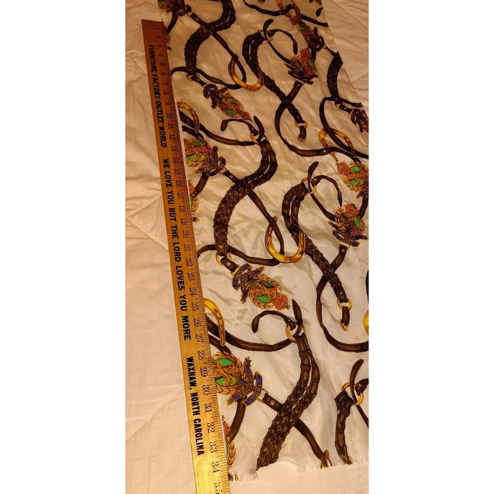 Vintage Ralph Lauren Equestrian Silk Oblong Scarf Crest Horseshoes Fringed